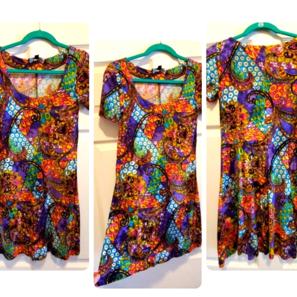 Vintage 90s Betsey Johnson NY Mini Fit/Flare Multi Color Velvet Dress Petite